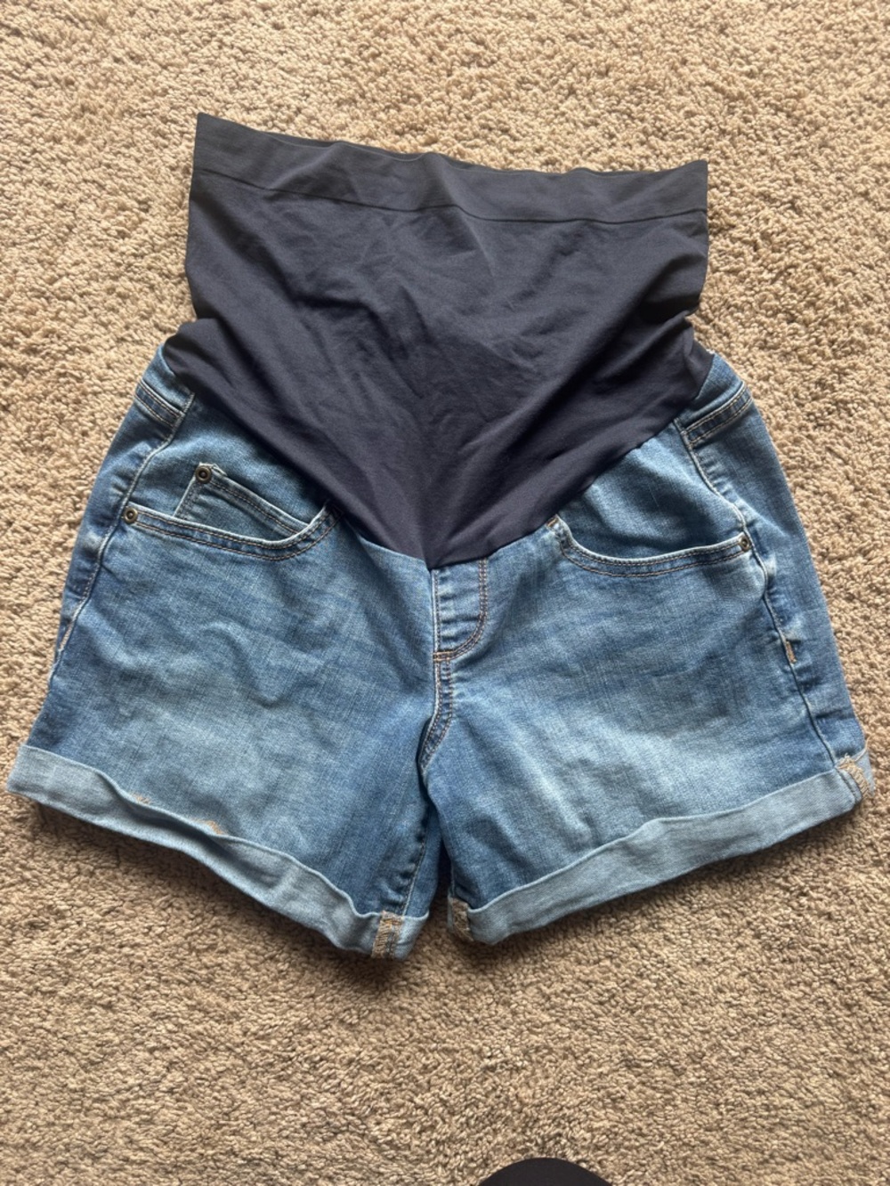 a:glow Light Blue Denim Maternity Shorts with Navy Overband